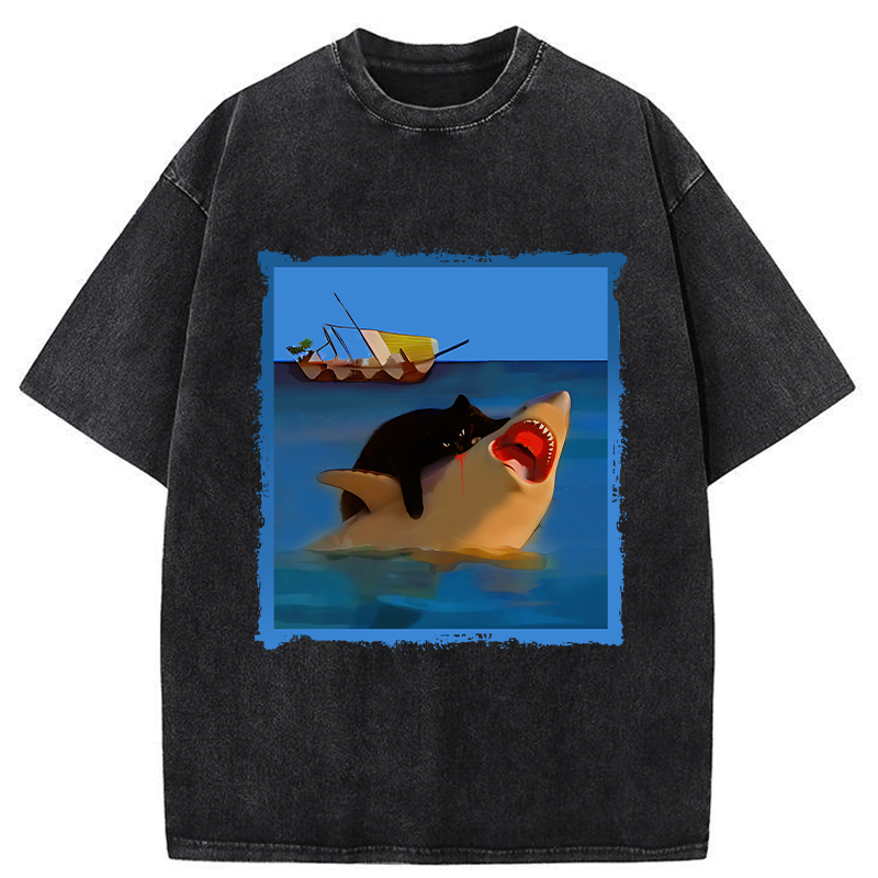 Tokyo-Tiger Black Cat With Shark Washed T-Shirt