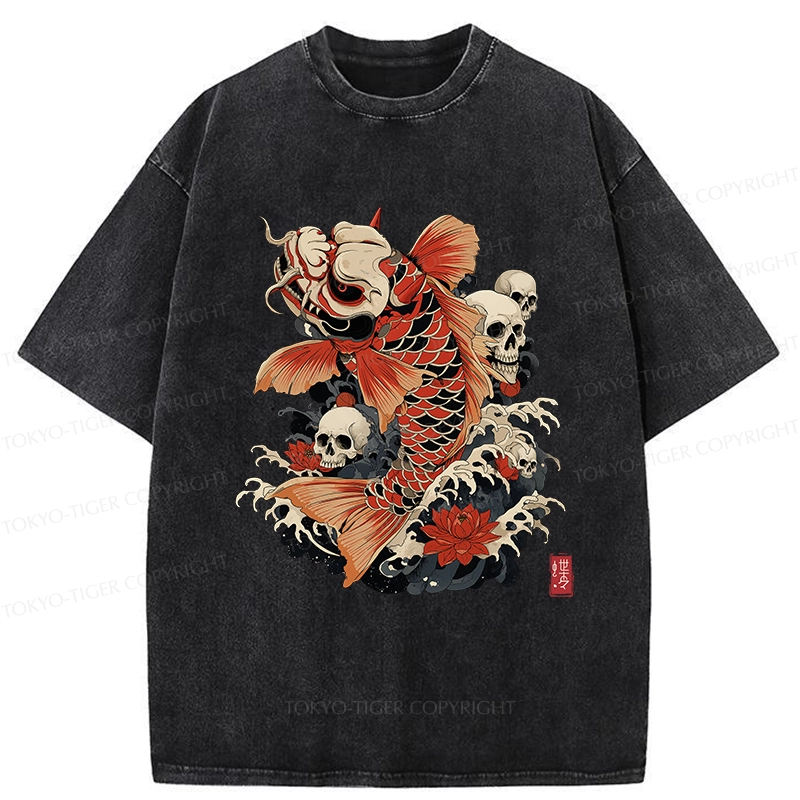 Tokyo-Tiger Japanese Koi And Skull Washed T-Shirt