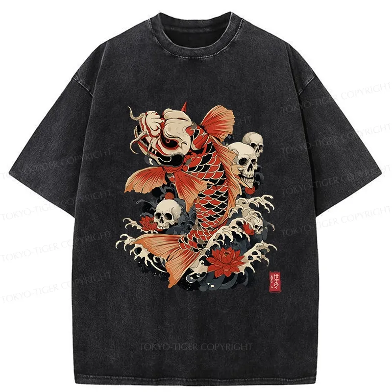 Tokyo-Tiger Japanese Koi And Skull Washed T-Shirt