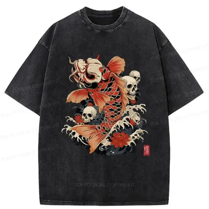 Tokyo-Tiger Japanese Koi And Skull Washed T-Shirt