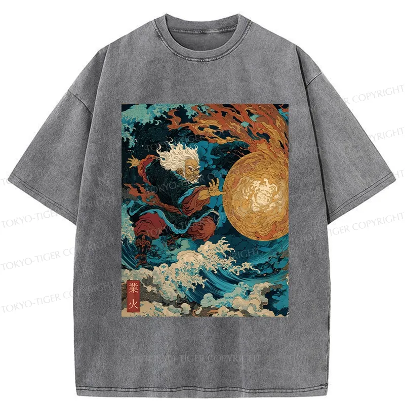 Tokyo-Tiger Samurai Controls Fireball Washed T-Shirt