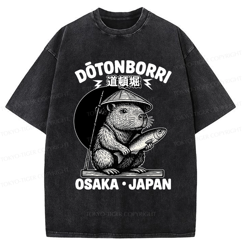 Tokyo-Tiger Capybara Holding A Fish Washed T-Shirt