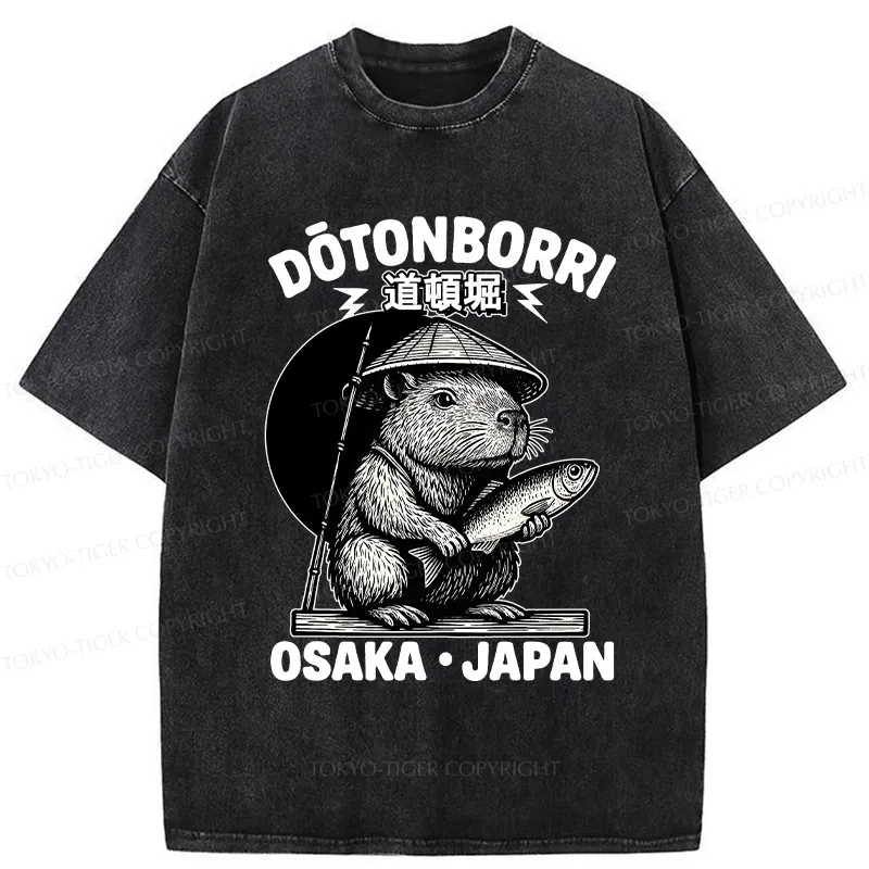 Tokyo-Tiger Capybara Holding A Fish Washed T-Shirt