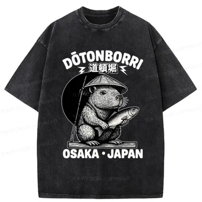 Tokyo-Tiger Capybara Holding A Fish Washed T-Shirt