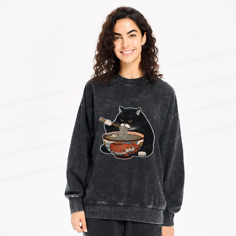 Tokyo-Tiger Fat Cat Eating Ramen Washed Sweatshirt