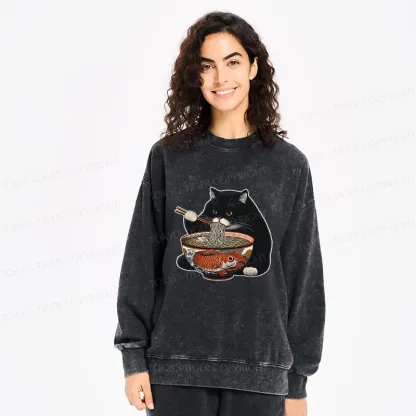 Tokyo-Tiger Fat Cat Eating Ramen Washed Sweatshirt