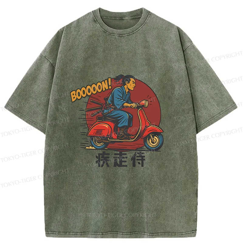 Tokyo-Tiger Samurai On Motorcycle Washed T-Shirt