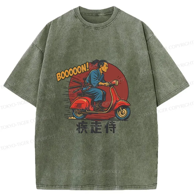 Tokyo-Tiger Samurai On Motorcycle Washed T-Shirt