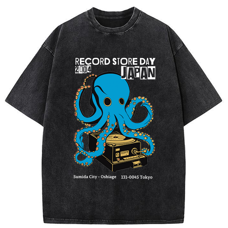 Tokyo-Tiger Japanese Octopus Records Washed T-Shirt