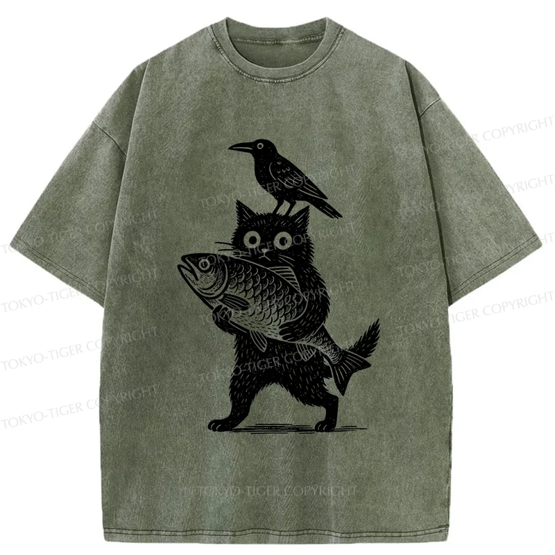 Tokyo-Tiger Black Animals Funny Washed T-Shirt