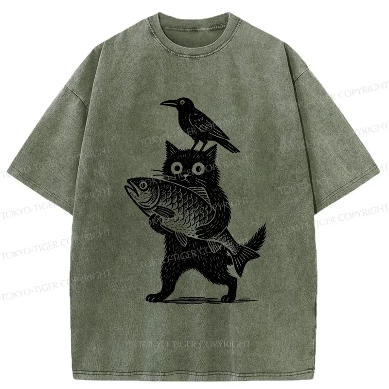 Tokyo-Tiger Black Animals Funny Washed T-Shirt