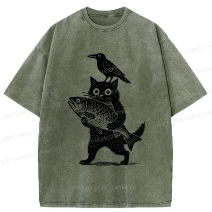 Tokyo-Tiger Black Animals Funny Washed T-Shirt