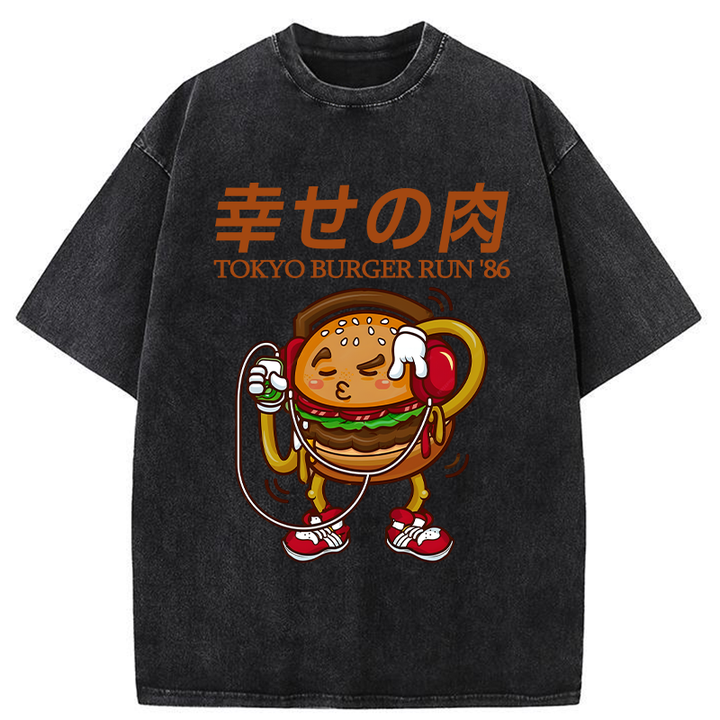 Tokyo-Tiger Funny Burger Listen To Music Washed T-Shirt