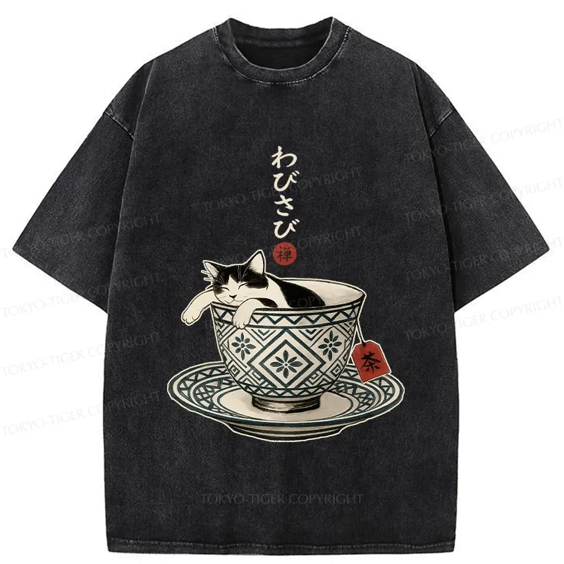 Tokyo-Tiger A Cozy Cat In A Teacup Washed T-Shirt