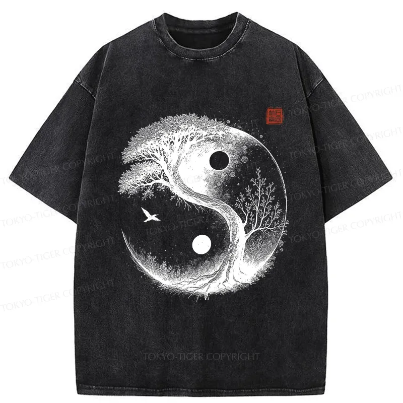 Tokyo-Tiger Yin Yang Bonsai Tree Washed T-Shirt