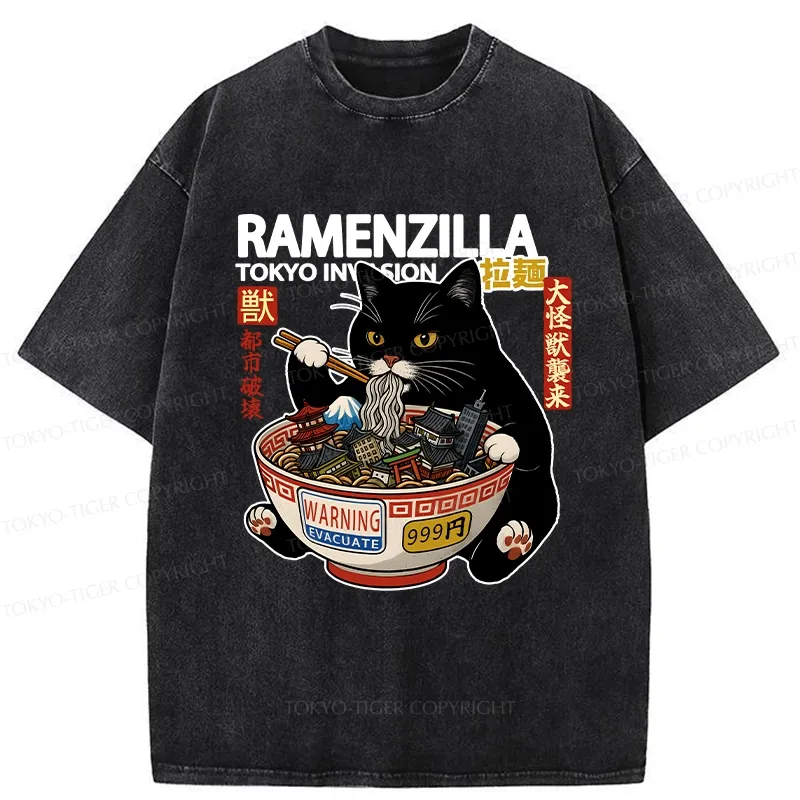 Tokyo-Tiger Funny Ramenzilla Washed T-Shirt