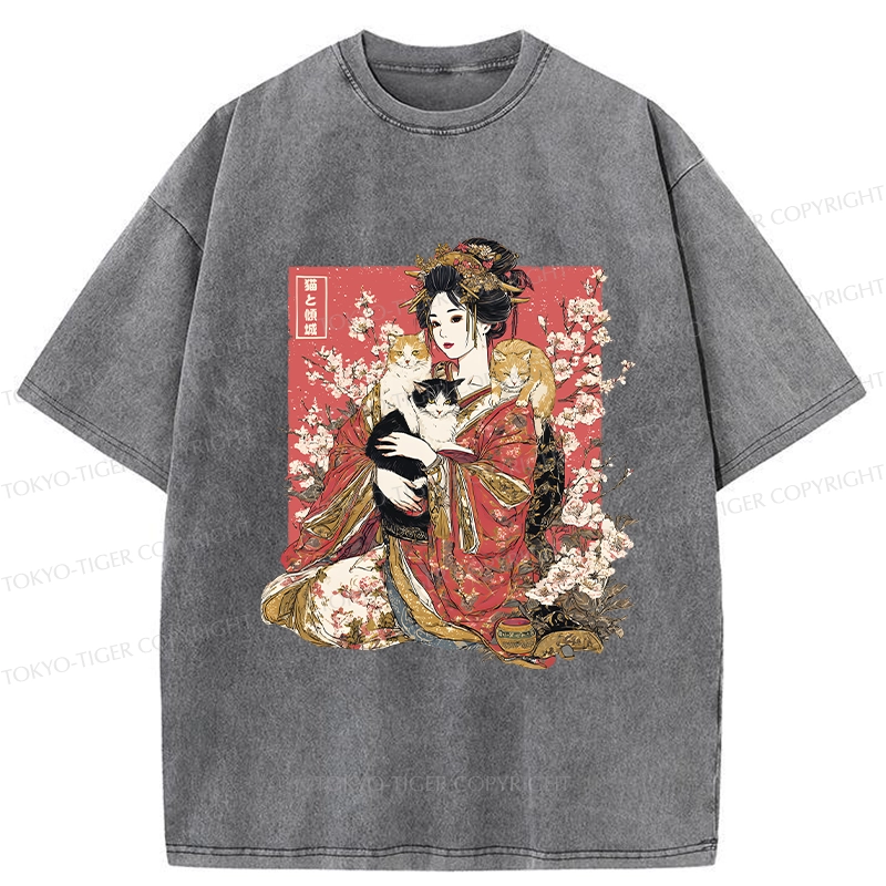Tokyo-Tiger Geisha And Cats Washed T-Shirt
