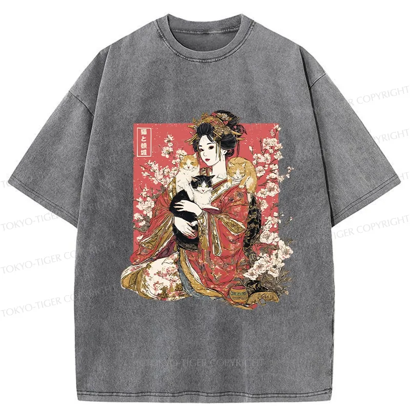 Tokyo-Tiger Geisha And Cats Washed T-Shirt