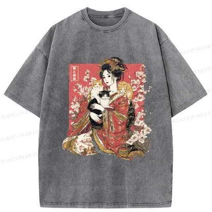 Tokyo-Tiger Geisha And Cats Washed T-Shirt
