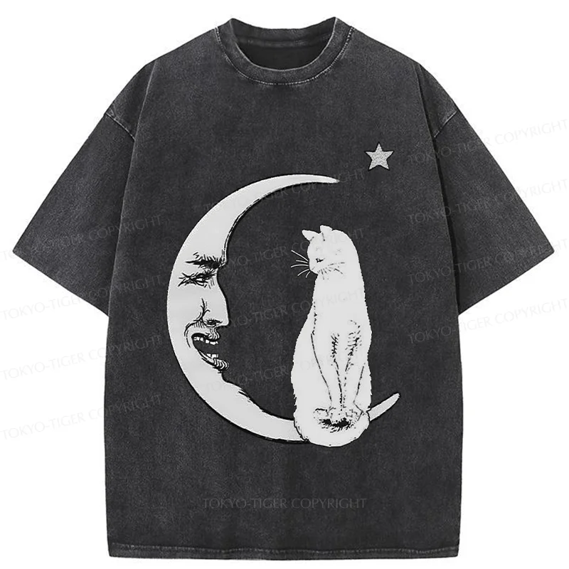 Tokyo-Tiger Moon And Cat Washed T-Shirt