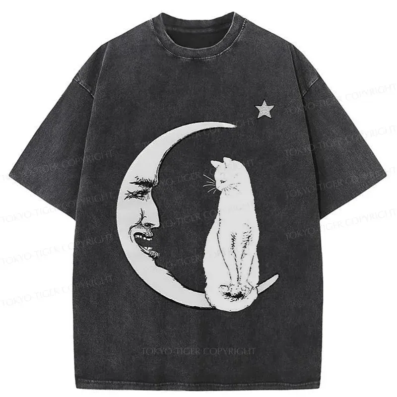 Tokyo-Tiger Moon And Cat Washed T-Shirt