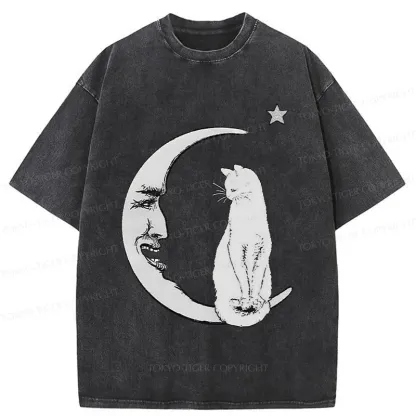 Tokyo-Tiger Moon And Cat Washed T-Shirt