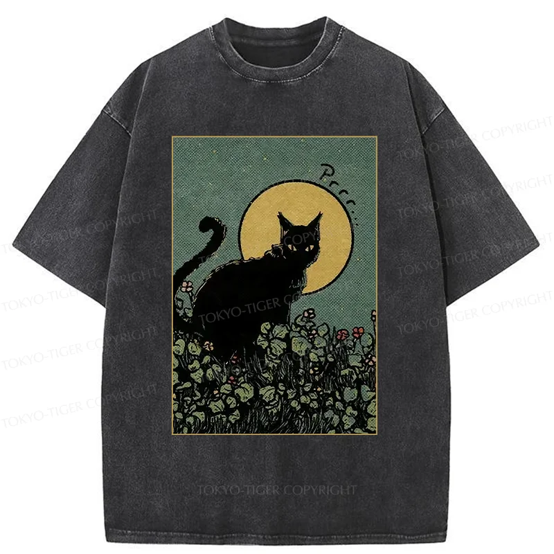 Tokyo-Tiger Black Cat At Night Washed T-Shirt