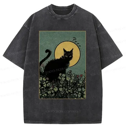 Tokyo-Tiger Black Cat At Night Washed T-Shirt