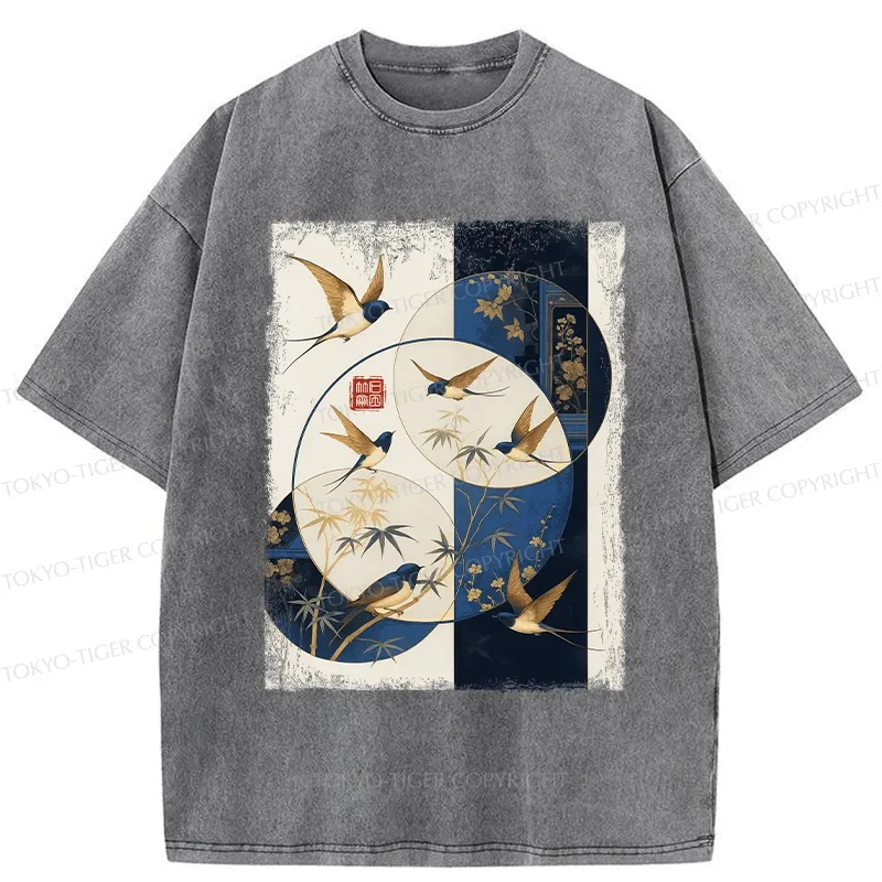 Tokyo-Tiger Swallows Among The Bamboo Washed T-Shirt