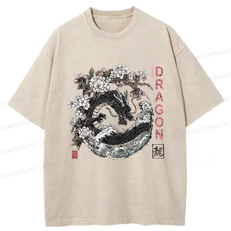 Tokyo-Tiger The Sakura Dragon Meets Wave Washed T-Shirt