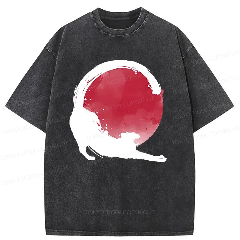 Tokyo-Tiger Black Cat Stretching Washed T-Shirt