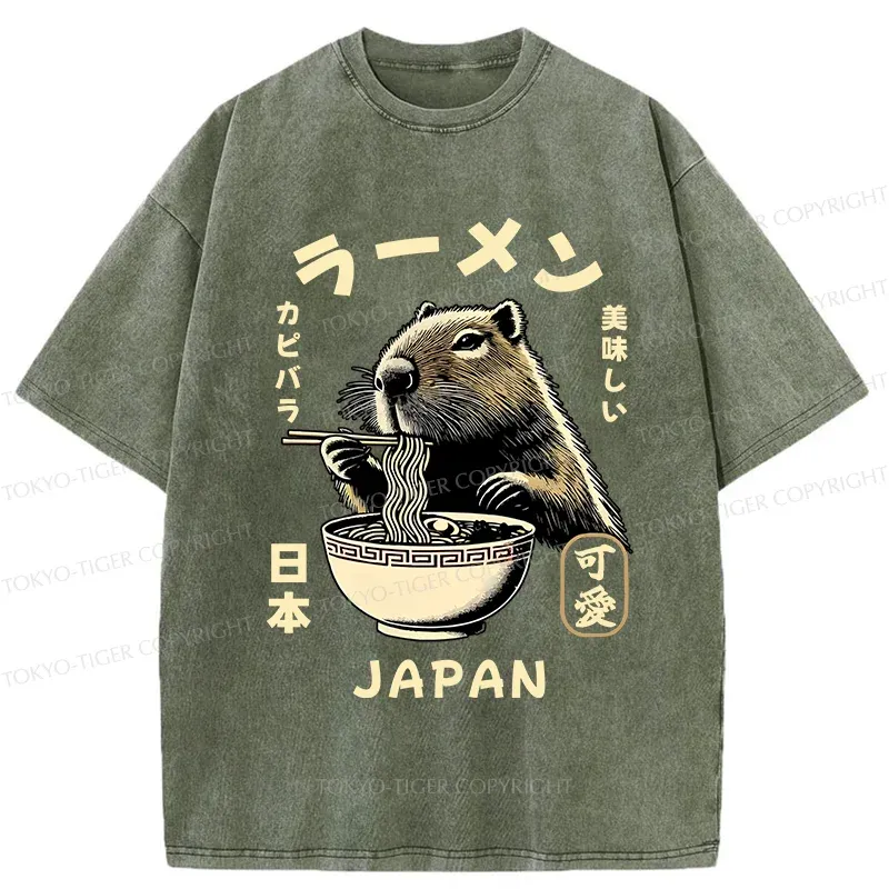 Tokyo-Tiger Retro Capybara Eating Ramen Washed T-Shirt