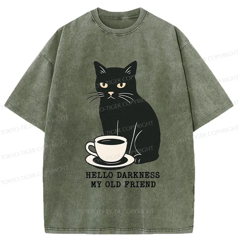 Tokyo-Tiger Black Cat Drinking Coffee Washed T-Shirt