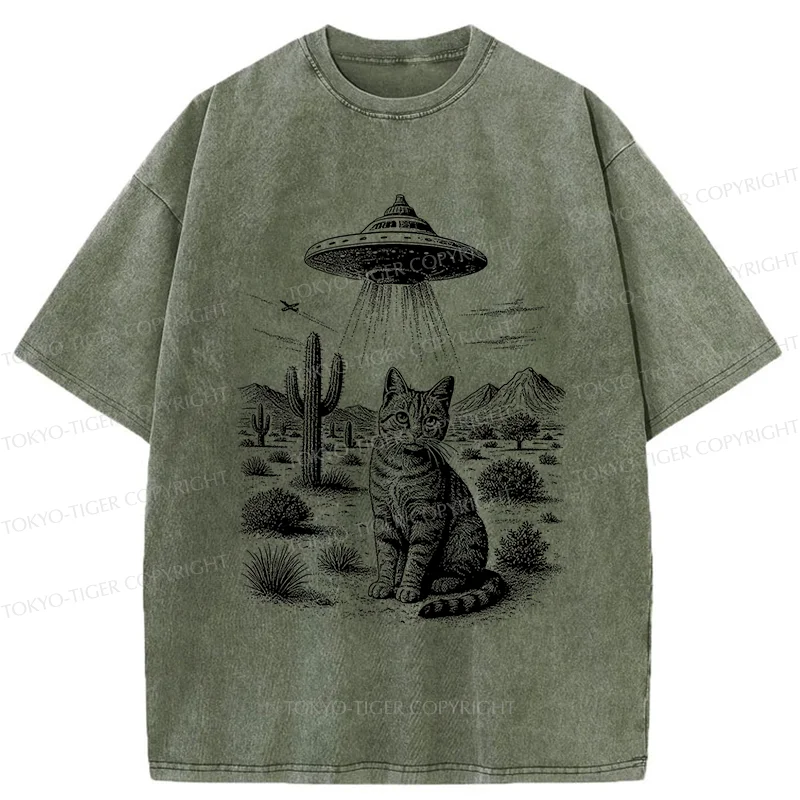 Tokyo-Tiger UFO And Cat Washed T-Shirt