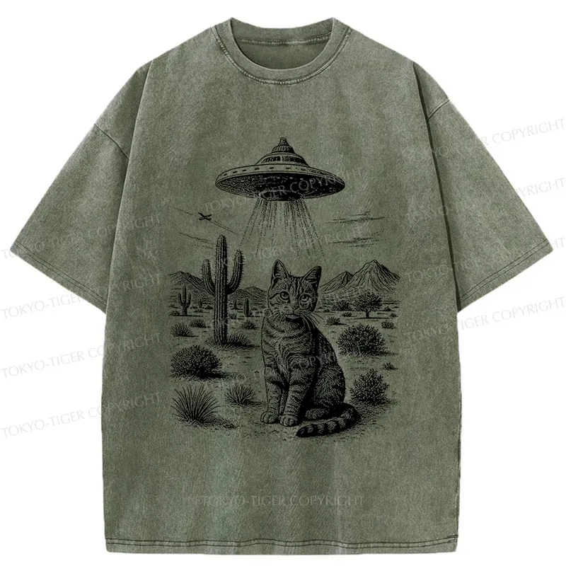 Tokyo-Tiger UFO And Cat Washed T-Shirt