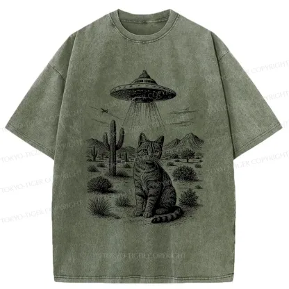 Tokyo-Tiger UFO And Cat Washed T-Shirt