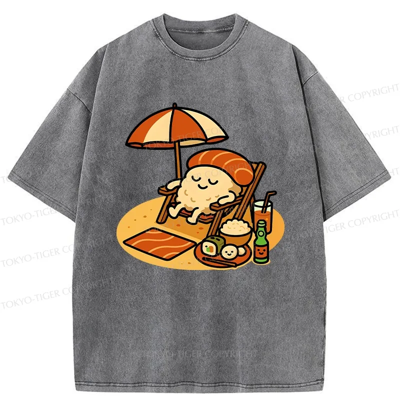 Tokyo-Tiger Funny Sushi Enjoying Sunbathing Washed T-Shirt