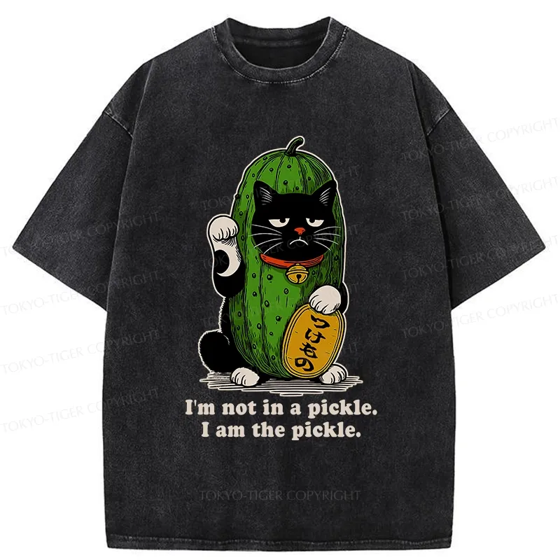 Tokyo-Tiger Funny Pickle Lucky Cat Washed T-Shirt