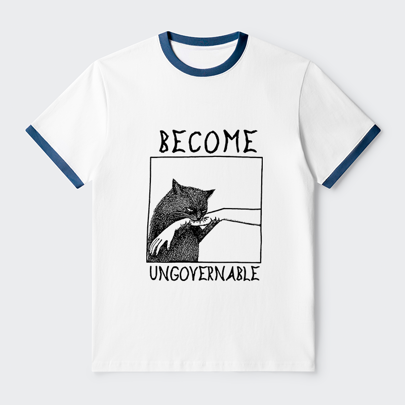 Tokyo-Tiger Cat Biting Arm Contrast Trim T-Shirt