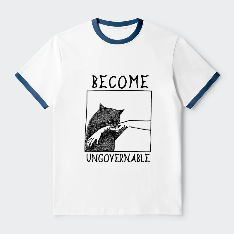 Tokyo-Tiger Cat Biting Arm Contrast Trim T-Shirt