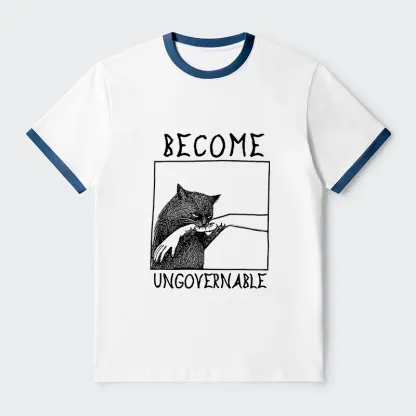 Tokyo-Tiger Cat Biting Arm Contrast Trim T-Shirt