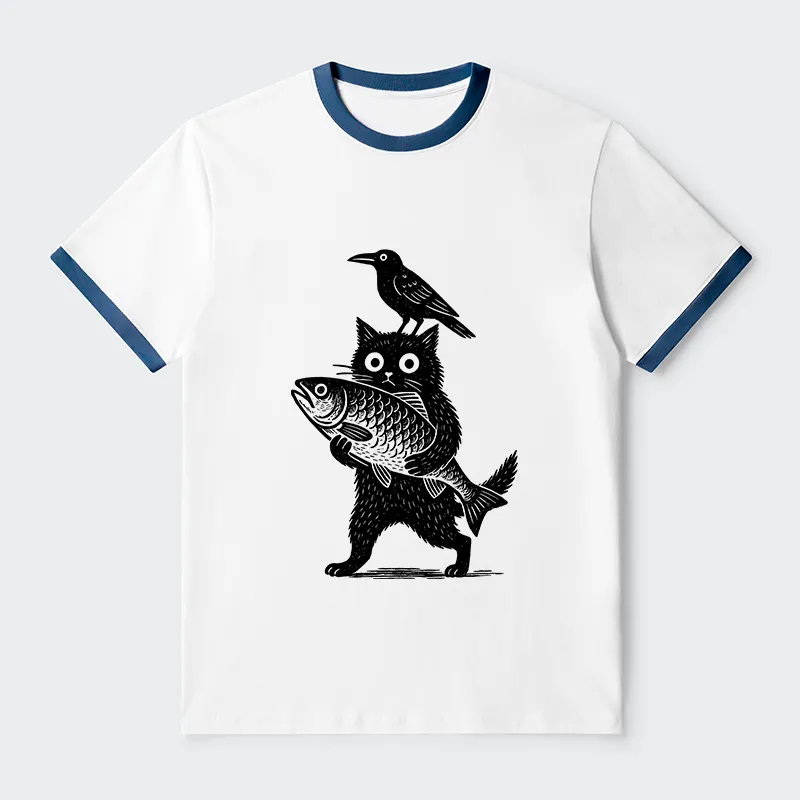 Tokyo-Tiger Black Animals Funny Contrast Trim T-Shirt