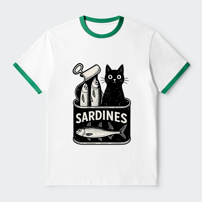 Tokyo-Tiger Cat And Canned Fish Contrast Trim T-Shirt