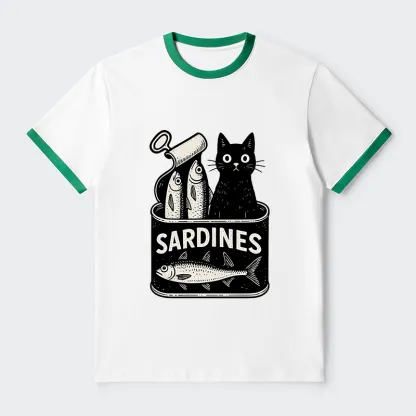 Tokyo-Tiger Cat And Canned Fish Contrast Trim T-Shirt