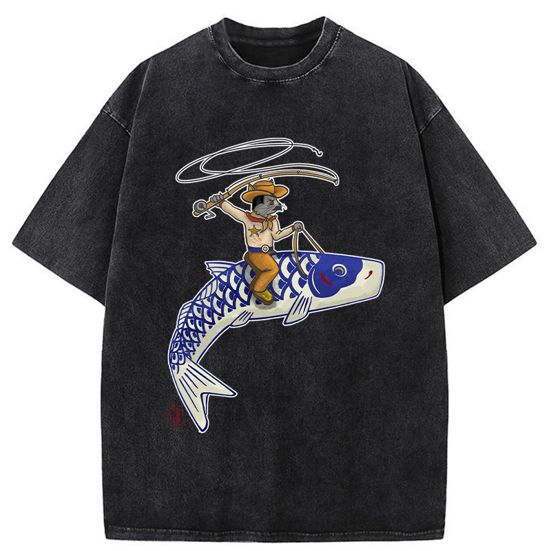 Tokyo-Tiger Cowboy Mouse Ride Fish Washed T-Shirt