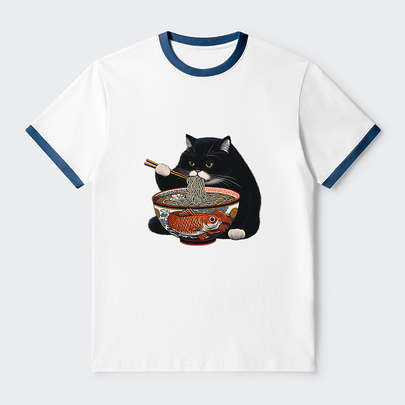 Tokyo-Tiger Fat Cat Eating Ramen Contrast Trim T-Shirt