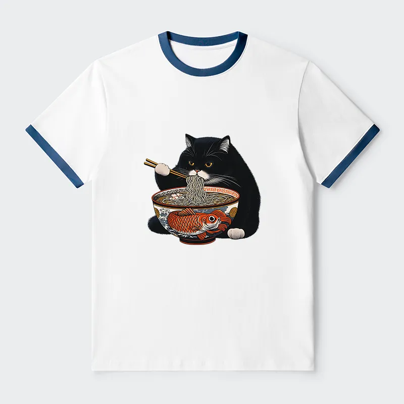 Tokyo-Tiger Fat Cat Eating Ramen Contrast Trim T-Shirt