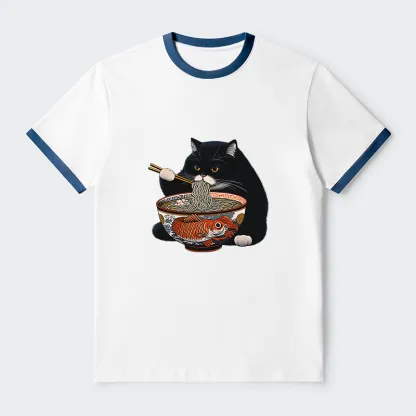 Tokyo-Tiger Fat Cat Eating Ramen Contrast Trim T-Shirt