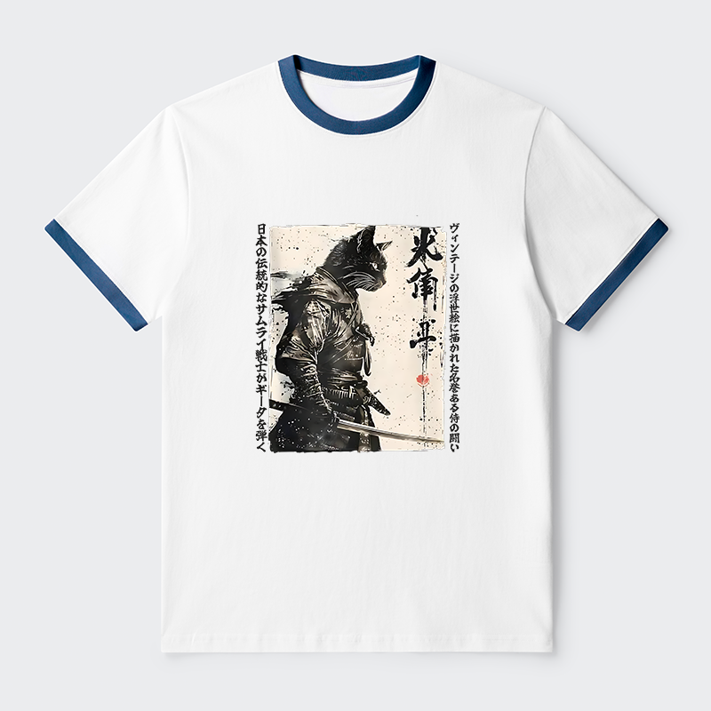Tokyo-Tiger Cat Samurai Retro Contrast Trim T-Shirt