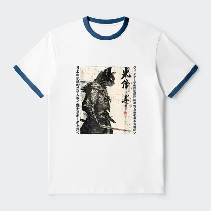 Tokyo-Tiger Cat Samurai Retro Contrast Trim T-Shirt
